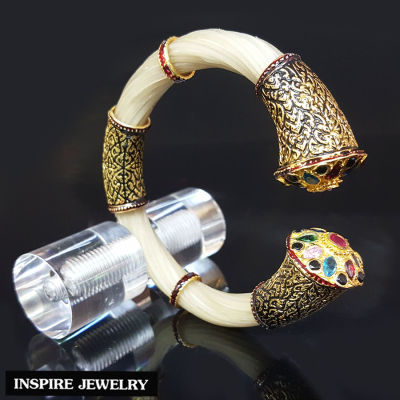 Inspire Jewelry ,กำไลหางช้าง กำไลหัวโม่งใหญ่ หางช้างสีขาวแท้ (ธรรมชาติ ไม่กัดสี) ประดับพลอยนพเก้าแท้ ตัวเรือนทองแท้24K ลงยาคุณภาพ