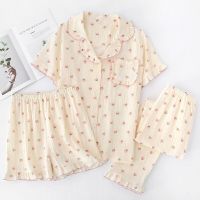 【JH】Kapok Spring And Summer New Womens Pajamas Three-Piece Set Short Sleeves + Shorts + Trousers 100% Cotton Crepe Ladies Home Set