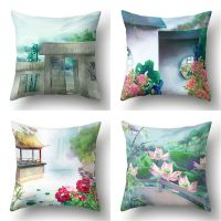 1 Pcs 45*45cm Summer Lotus Landscape Pillowcase Waist Throw Cushion Cover  Lotus Pool Sofa Pillows Covers Car Decor