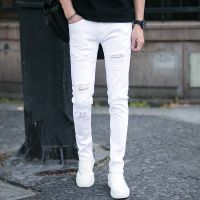 CODwumei04 READY STOCK Summer Thin Section Youth White Ripped Jeans Men S Black Slim-fit Pants Men S Korean Nine-point Pants Men