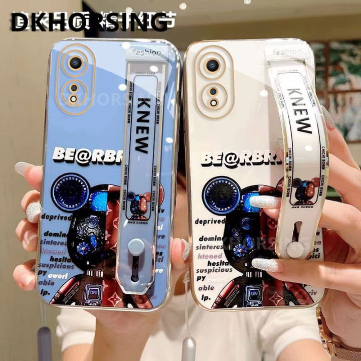 dkhorsing-เคสโทรศัพท์ใหม่สำหรับ-a98-oppo-a78-a77-a77s-a57-a96-a76-a17-a17k-a16k-a16ลายหมีน่ารักชุบปลอกอ่อน-oppoa98-5กรัมพร้อมที่ถือสายรัดข้อมือ-สายคล้องมือ