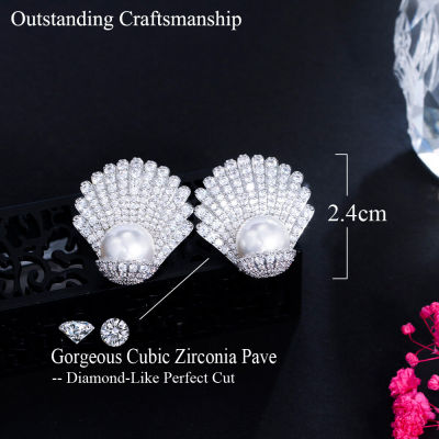 SEQUITO Elegant Full Micro Pave AAA Zircon Shell Stud Earrings With Round White Pearl High Quality Silver Plated Women Holiday Jewelry SE617JHTH