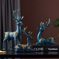 Chinese Style Deer Sculpture Antlers Flowering Mini Indoor Resin Statue Modern Home Decor Bookshelf Living Room Feng Shui Decor