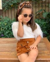 2-8Y Girls Fashion Clothing Sets Children Kids Baby Girls Fur Shorts Sleeve T-shirts Tops Button Skirts Casual Clothes Outfits