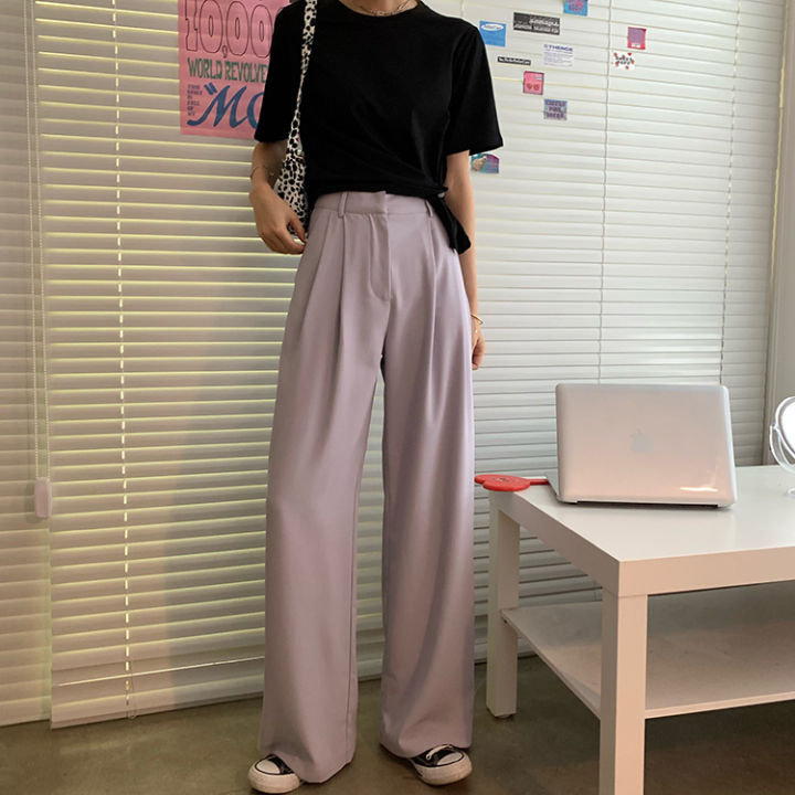 กางเกงขากว้างเอวสูงเวอร์ชั่นเกาหลีของผู้หญิงใหม่หลวมตรงกางเกงลำลองกางเกงสูท-กางเกงขายาวแฟชั่น-เรียบๆ-เนื้อผ้านิ่มใส่สบาย