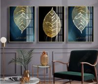 Golden Leaves ตกแต่งภาพวาด Modular Picture Wall Art ภาพวาดผ้าใบสำหรับห้องนั่งเล่น