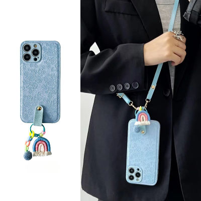 เต็มหน้าจอดอกไม้สเตอริโอหนังลายกรณีโทรศัพท์สำหรับ iPhone14Promax Rainbow จี้กรณีโทรศัพท์สำหรับ iPhone13 Luxury Sky Blue Case สำหรับ iPhone12Promax Leather เอียงไหล่กรณีโทรศัพท์สำหรับ iPhone11
