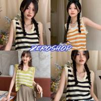 Zero SHOP?พร้อมส่ง? (Zero-22021) เสื้อกล้ามถักไหมพรมแขนสั้น ดีเทลลายทางน่ารักคิ้วๆ