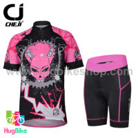 ชุดจักรยานผู้หญิงแขนสั้นขาสั้น CheJi 14 (11) สีดำชมพูลาย Devil Gear