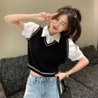 Hong Kong Style Chic Fake Two-Piece Short Shirt Womens Summer Design Sense Color Contrast Patchwork Slim Fit Polo Collar Short Sleeve Shirt FLS