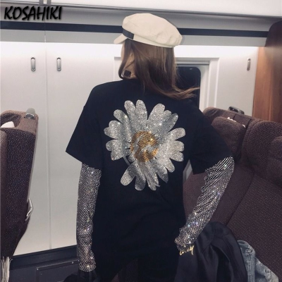 KOSAHIKI Women Sequined Top Bling Shiny Long Sleeves T Shirt Lady Sparkling Tees Clothes Party Nightclub Black Tops for Woman