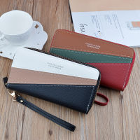 Womens Double Zipper Pu Leather Wallet Splicing Large Capacity Long Coin Purse Ladies Wristband Money Clip Card Holder Clutch