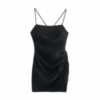 Za  Summer Women elegance Ruched Sling Dress Party backless Bodycon Spaghetti Strap Mini Dresses Fold decoration Vestidos