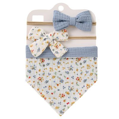3Pcs/Set Muslin Cotton Baby Bib Bow Headband Adjustable Button Triangle Saliva Towel Print Infant Boy Girl Feeding Burp Cloth