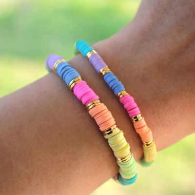 Go2boho Heishi Friendship Bracelet Polymer Clay 4mm&amp;6mm Bead Bracelet Rainbow Colorful Summer Beach Style Best Friend Gift