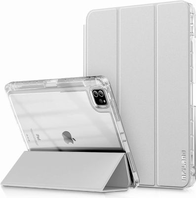 INFILAND Compatible with iPad Pro 11 inch Case 3rd Generation Tri-Fold Cover with Pencil Holder &amp; HD Transparent Clear Back Fit iPad Pro 11 2018/2020/2021 [Support Auto Wake/Sleep] Silver