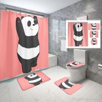 Bernicl Pink Cartoon Panda Shower Curtain Set Cute Bear Printed 4 Pcs Bathroom Non-Slip Bath Mat Toilet Cover