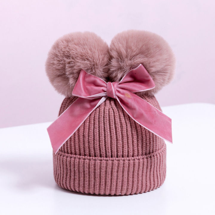 ball-bow-knot-cute-knitting-baby-infant-hat-multi-function-autumn-and-winter-thicken-warmth-cap-newborn-boy-accessories