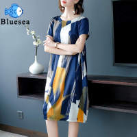 Women Short-sleeved Dress Summer Casual Medium Length Floral Round Collar Chiffon Dress