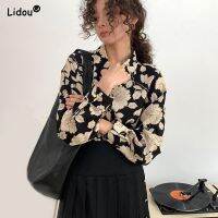 【HOT】№ Literature and Floral Printing Shirt Turn-down Collar Womens Clothing Breasted Straight