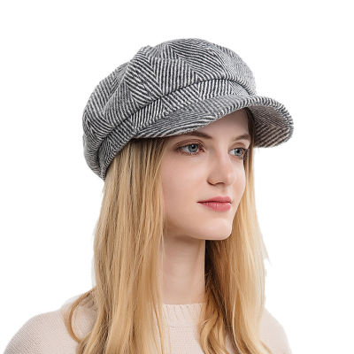 CHRLCK แฟชั่นแปดเหลี่ยมหมวกผู้หญิงฤดูหนาวลายหมวกอังกฤษฝรั่งเศสย้อนยุคแฟชั่นเด็กส่งหนังสือพิมพ์หมวกแข็งหญิง Beret จิตรกรหมวก