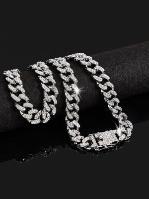Hip Hop Miami Cuban Chain Necklace 13mm Iced Rhinestones Shimmering Rap Jewelry Gift For Men Headbands