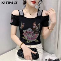 M-3XL New Summer Fashion European Clothes Girl T-Shirt Off Shoulder Shiny Diamonds Women Mesh Tops All Match Tees Blouse