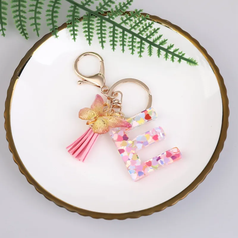 New Exquisite 26 Letter Resin Keychain with Pink Tassel Gradient