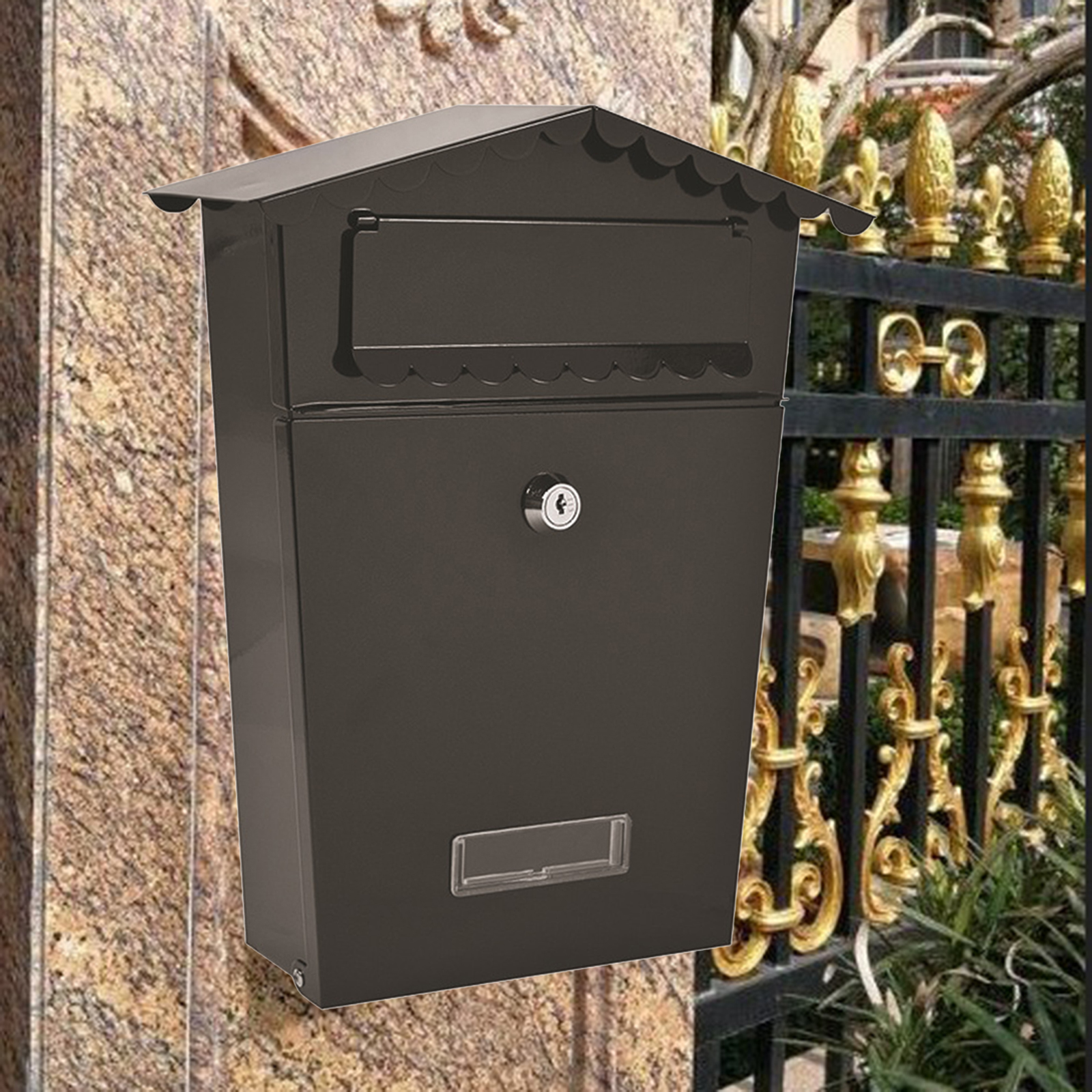 Wall Mounted Letterbox Mailbox Postbox Parcel Drop Box Outdoor Outside Large Front Door Waterproof Lockable Safe Secure Mail Post Letter Box-Black