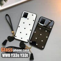 เคสโทรศัพท์สำหรับ VIVO Y33s Y33t,เคสแข็งกระจกนิรภัยลายหัวใจความรัก V2109สำหรับเด็กผู้หญิง