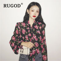 RUGOD Spring Floral Chiffon Blouse Women Blouses Long Sleeve Elegant Top Korean Woman Shirts Bow-knot Lantern Sleeves Shirt