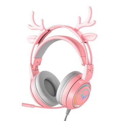 Razeak Y-G25 Deer Antler Wired Headset RGB Light Headphones with Noise Cancelling Mic 3.5mm Gaming Earphones for E-Sports - Pink