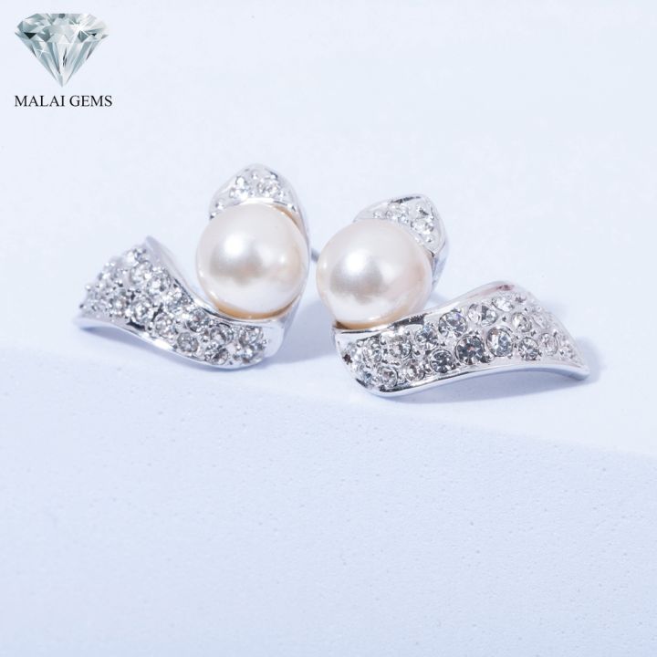 malai-gems-ต่างหูมุก-เงินแท้-silver-925-เพชรสวิส-cz-เคลือบทองคำขาว-รุ่น11004079-แถมกล่อง-ต่างหูเพชร-ต่างหูเงินแท้