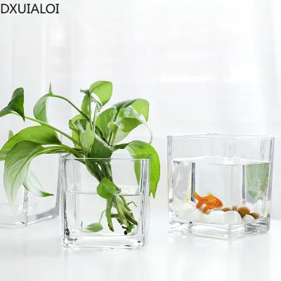 DXUIALOI Nordic simple square transparent thickened glass vase home living room hydroponic flower arrangement vase decoration