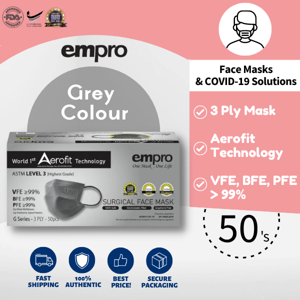 Empro Surgical Face Mask G Series Grey Colour Aerofit 3 Ply Adult
