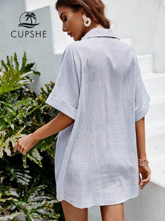 cupshe-blue-บิกินี่มีลายคลุมหลวมผู้หญิงแขนเสื้อ-dolman-คอปกเสื้อคลุมชายหาดวันหยุด2023ฤดูร้อนชุดมินิเดรส-beachwear