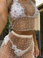 Hot sell Combhasaki Women Beach Cover-Up Set Pearl Rhinestones Decor Round Neck Sleeveless Bikini Smock Tops High Waist Skirt Clothing