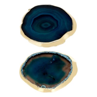 2Pcs Agate Slice Blue Agate Coaster Teacup Tray Decorative Design Stone Coaster Gold Edges Home Decor Gemstone Coaster