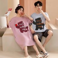 COD SDFGERGERTER Korean Cotton Couple Pajamas Summer Women Nightdress Casual Couple Set Plus Size Men Pyjamas Short Sleeve T-shirt Top Shorts Pajama Set Cartoon Sleepwear Nightwear Homewear