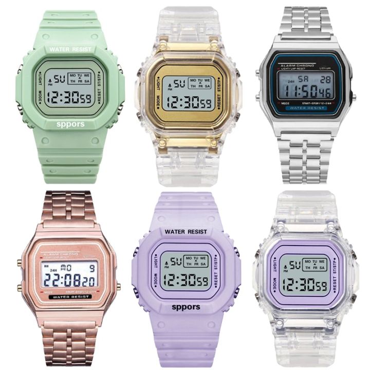 pcv-f91w-นาฬิกาผู้หญิงทรงสี่เหลี่ยมจัตุรัส-jam-tangan-digital-นาฬิกา-led-สายเหล็กวินเทจนาฬิกาข้อมือทหารกีฬาอิเล็กทรอนิกส์