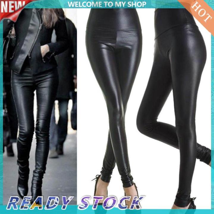 High Waist Womens Lady Faux Leather Stretch Skinny Pants Slim Leggings Yoga Sports Casual Breasted Elastic Skinny Leggings(High quality imitation leather)