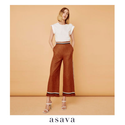 [asava aw22] Camille tweed pants กางเกงผู้หญิง ขายาว ทรงคูลอต ผ้าทวีต ตกแต่งแถบผ้าลายทาง ชายลุ่ย