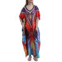 ผู้หญิงแขนสั้นคอวี Kaftan สีสัน Boho พิมพ์บิกินี่ชุดว่ายน้ำ Cover Up Casual หลวม Beach Long Dress