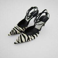 ZARAˉnew pointed zebra pattern slingback ankle strap high-heeled womens sandals high-heeled stiletto womens shoes