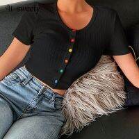 U-sweety Fashion Multicolor Front Buttoned Round Neck Short Sleeves Cropped Women Cardigan Shirt 9134