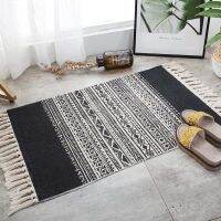 Nordic Geometric Carpets With Tassels Hand Woven Macrame Bedroom Bedside Floor Mat Living Room Black Yellow Striped Area Rugs