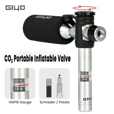 GIYO CO2 Cylinder Pump With Gauge Bikes Air Pump Schrader Presta Adapter Aluminum Alloy Bicycle Tire Pump CO2 Cartridge Inflator