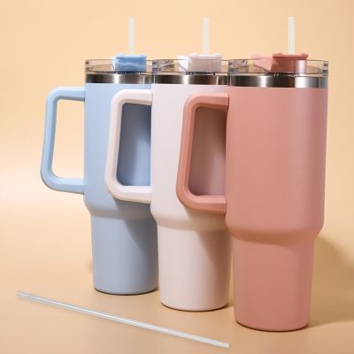 40oz Cute Stainless Steel Thermos Mug Cup with Straw Lid Handle Thermal Flask for Coffee Milk Keep Warm Cool Water Bottle