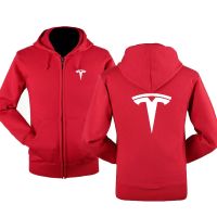 เสื้อมีฮู้ดสำหรับผู้ชายผ้าขนแกะมีซิปชุดวอร์มมีซิปโลโก้ Tesla ฤดูใบไม้ร่วงฤดูหนาว2022