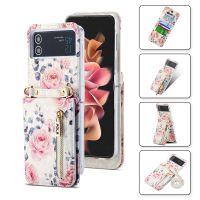 เคสสำหรับ Galaxy โทรศัพท์แบบคาดตัว Z Flip 5 4 3 5G ปกหนังกันกระแทกช่องใส่การ์ดกุหลาบแนวย้อนยุค Flip5 Flip4พร้อมสายคล้อง J28